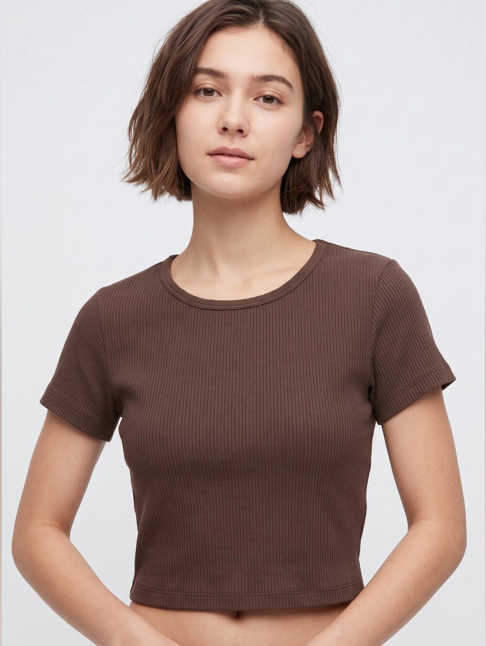 Uniqlo Chocolate Brown Ribbed Short-Sleeve Crop Top Crewneck Womens Size Small
